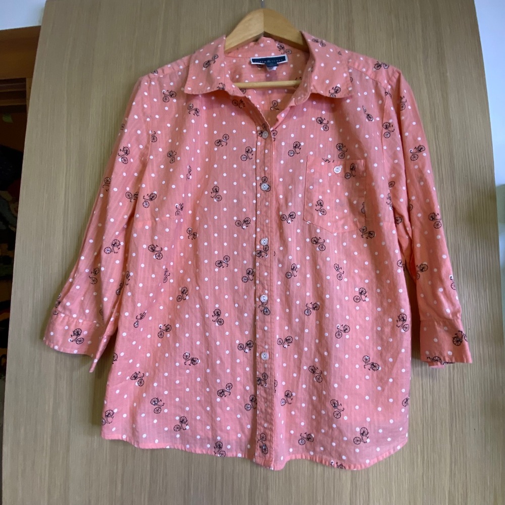 Karen Scott Womens XL Button Down Shirt Coral Pink Polka Dot Bicycle 3/4 Sleeve